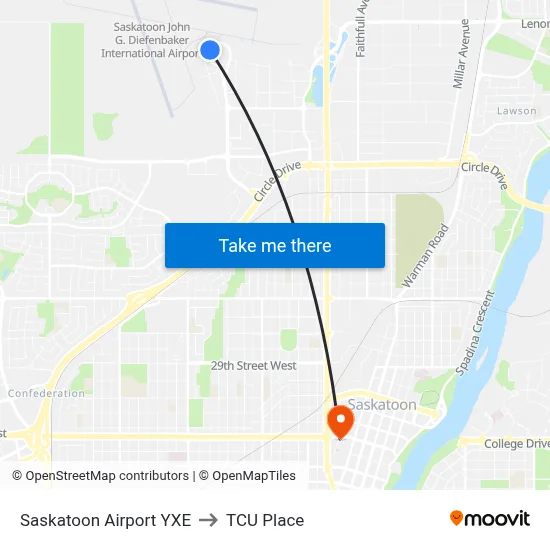 Saskatoon Airport YXE to TCU Place map