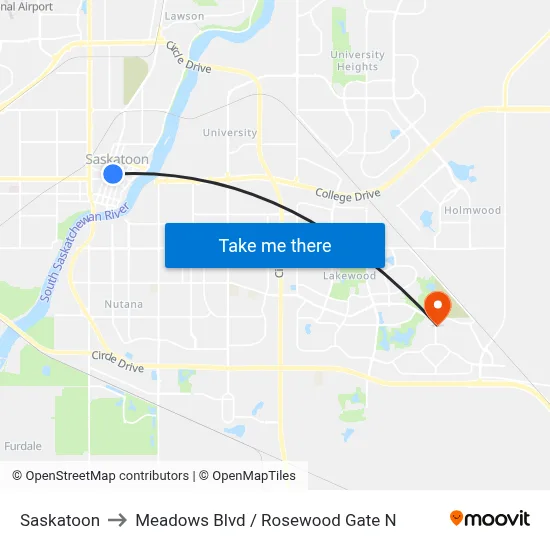 Saskatoon to Meadows Blvd / Rosewood Gate N map