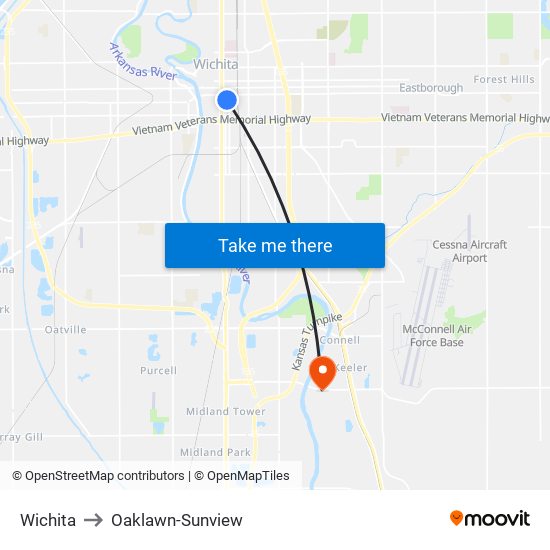 Wichita to Oaklawn-Sunview map