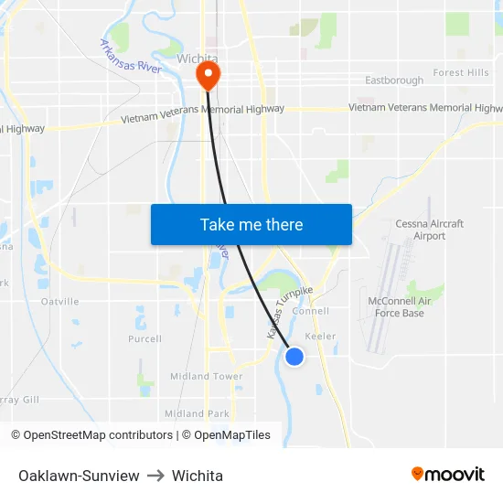 Oaklawn-Sunview to Wichita map