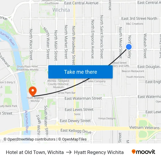Hotel at Old Town, Wichita to Hyatt Regency Wichita map