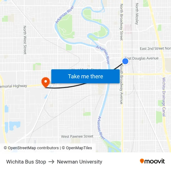 Wichita Bus Stop to Newman University map