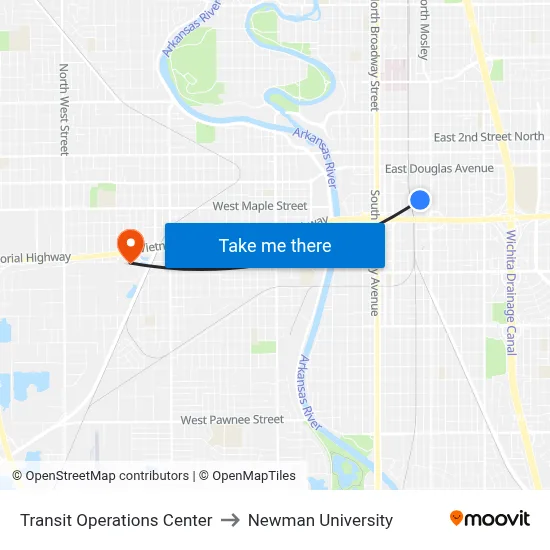 Transit Operations Center to Newman University map