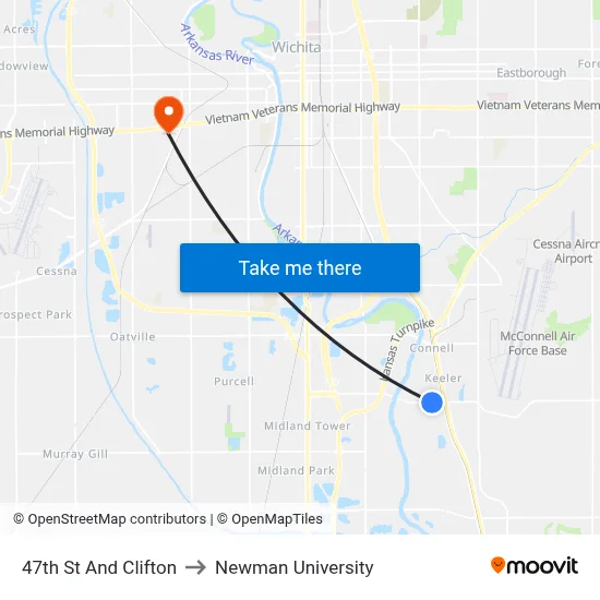47th St And Clifton to Newman University map