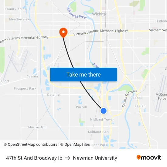 47th St And Broadway Ib to Newman University map