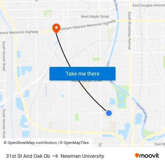 31st St And Oak Ob to Newman University map