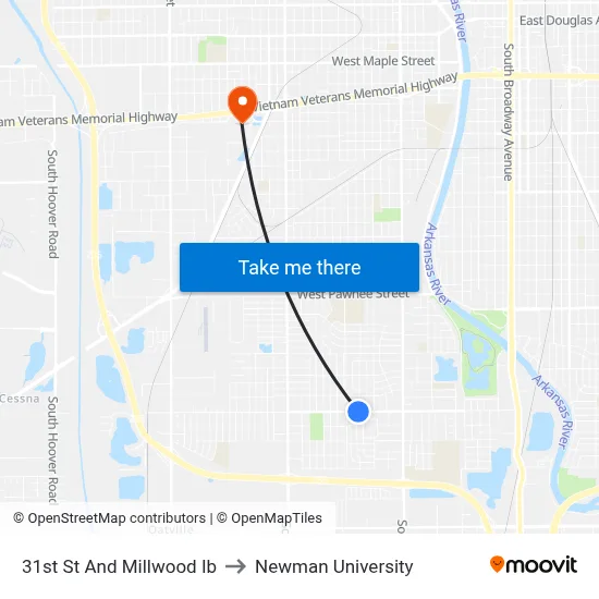 31st St And Millwood Ib to Newman University map