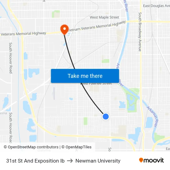 31st St And Exposition Ib to Newman University map