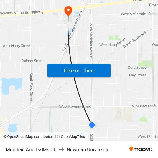 Meridian And Dallas Ob to Newman University map