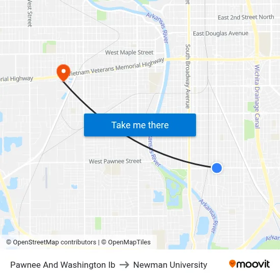 Pawnee And Washington Ib to Newman University map