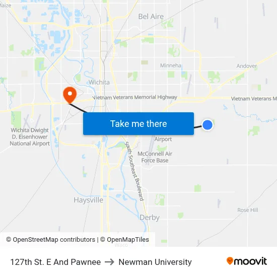 127th St. E And Pawnee to Newman University map