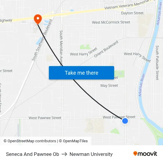Seneca And Pawnee Ob to Newman University map
