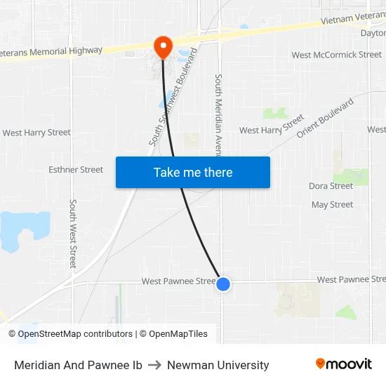 Meridian And Pawnee Ib to Newman University map