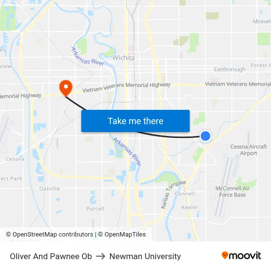 Oliver And Pawnee Ob to Newman University map