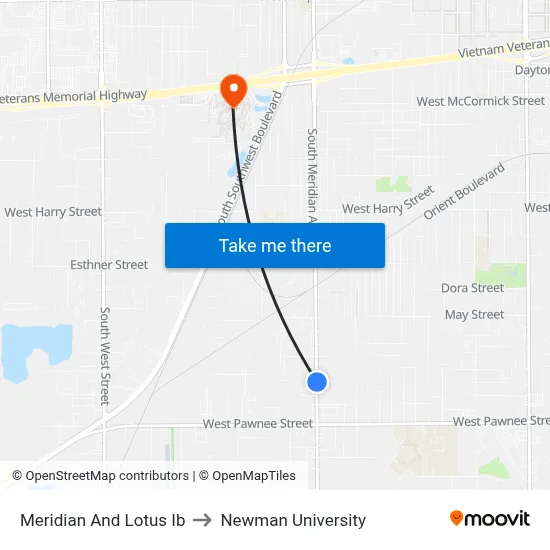 Meridian And Lotus Ib to Newman University map