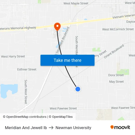 Meridian And Jewell Ib to Newman University map