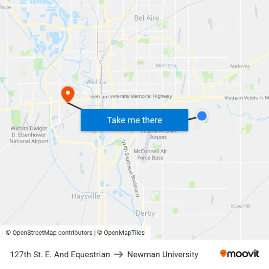 127th St. E. And Equestrian to Newman University map