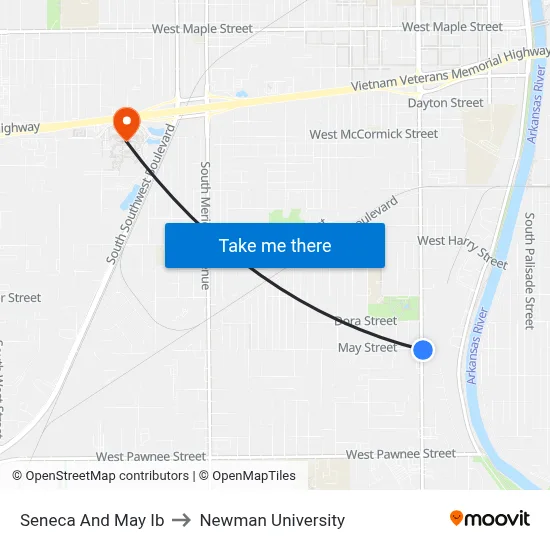 Seneca And May Ib to Newman University map