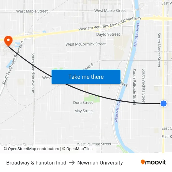 Broadway & Funston Inbd to Newman University map