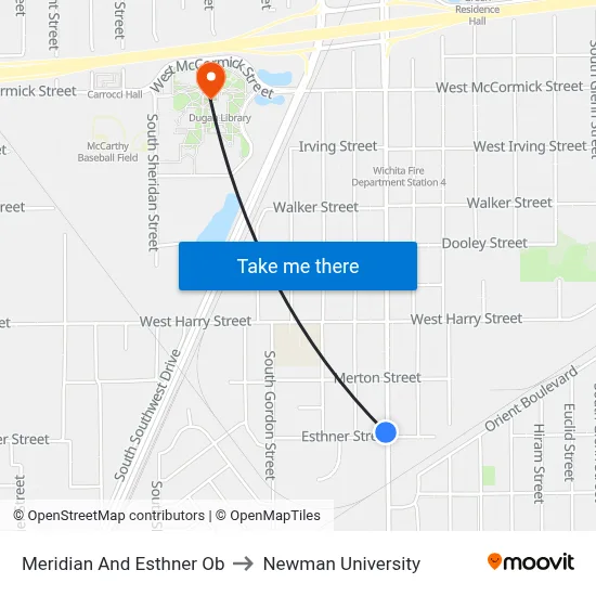 Meridian And Esthner Ob to Newman University map