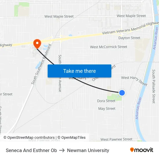 Seneca And Esthner Ob to Newman University map