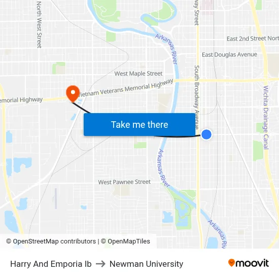 Harry And Emporia Ib to Newman University map