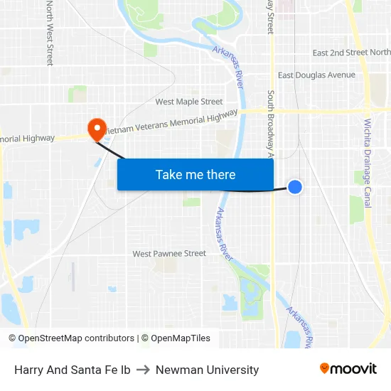 Harry And Santa Fe Ib to Newman University map