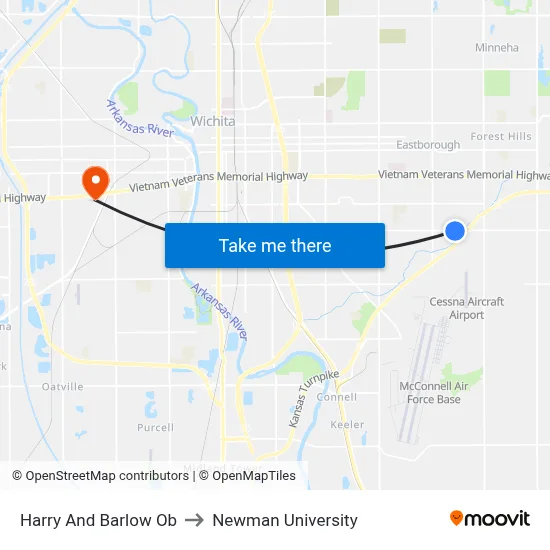 Harry And Barlow Ob to Newman University map
