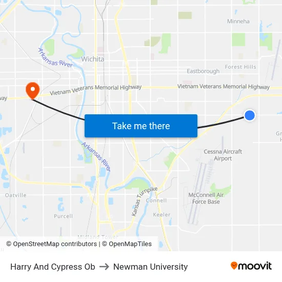 Harry And Cypress Ob to Newman University map
