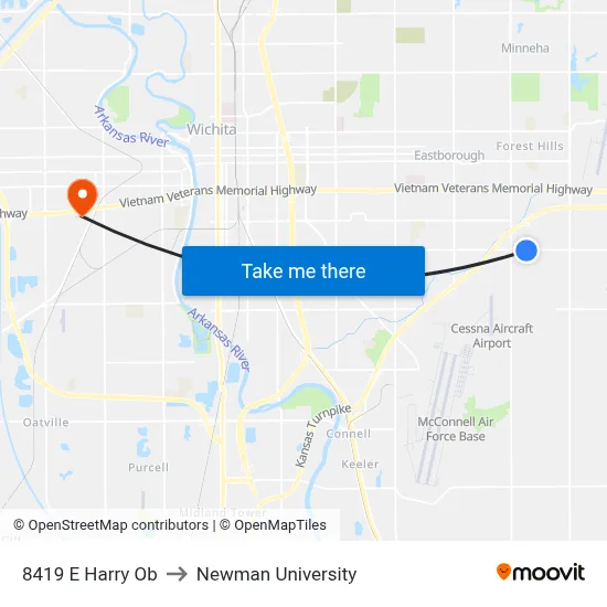 8419 E Harry Ob to Newman University map