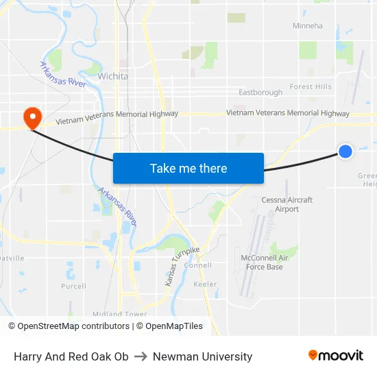 Harry And Red Oak Ob to Newman University map