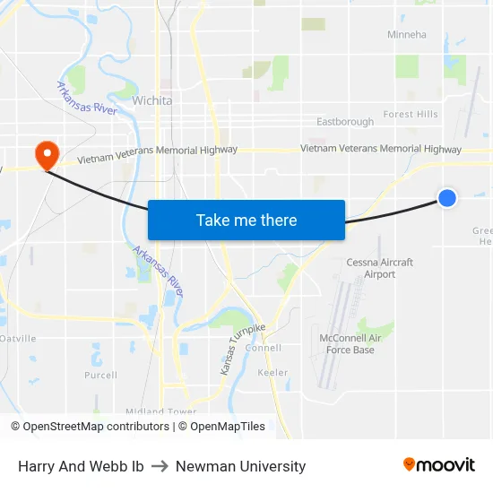 Harry And Webb Ib to Newman University map