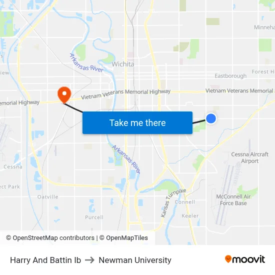 Harry And Battin Ib to Newman University map