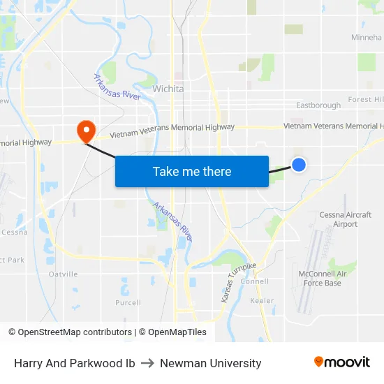 Harry And Parkwood Ib to Newman University map