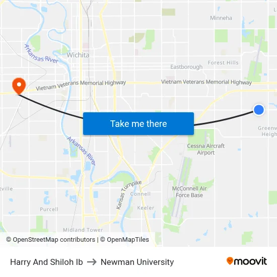 Harry And Shiloh Ib to Newman University map