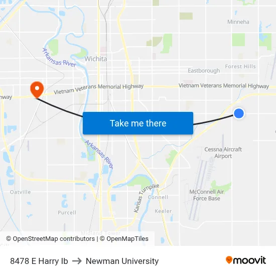 8478 E Harry Ib to Newman University map