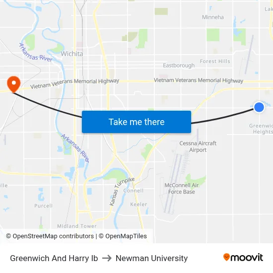 Greenwich And Harry Ib to Newman University map