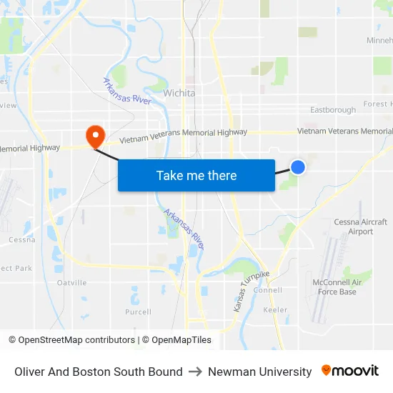 Oliver And Boston South Bound to Newman University map