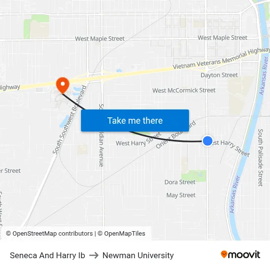 Seneca And Harry Ib to Newman University map