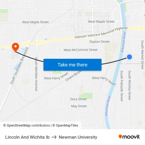 Lincoln And Wichita Ib to Newman University map