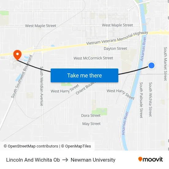 Lincoln And Wichita Ob to Newman University map
