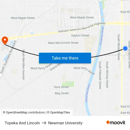 Topeka And Lincoln to Newman University map