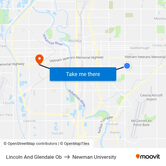 Lincoln And Glendale Ob to Newman University map