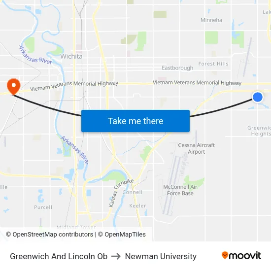 Greenwich And Lincoln Ob to Newman University map