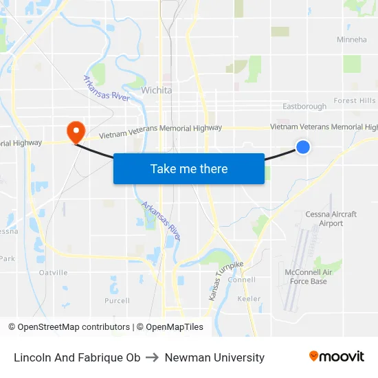 Lincoln And Fabrique Ob to Newman University map