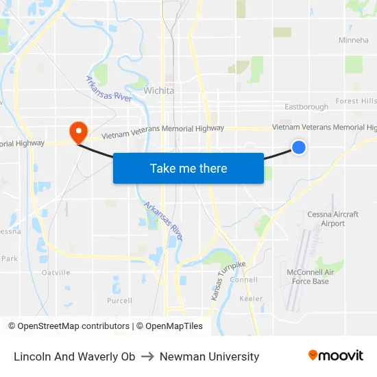 Lincoln And Waverly Ob to Newman University map
