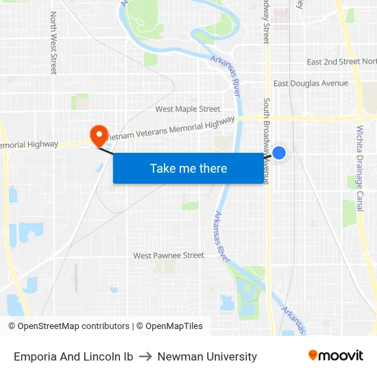 Emporia And Lincoln Ib to Newman University map