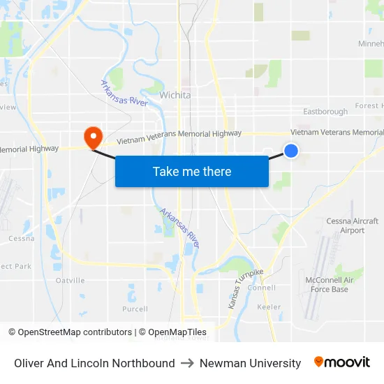 Oliver And Lincoln Northbound to Newman University map