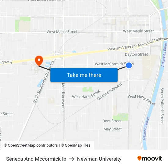 Seneca And Mccormick Ib to Newman University map