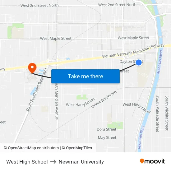 West High School to Newman University map